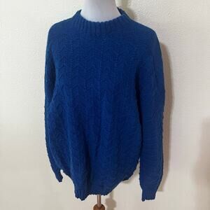 Handknit handmade blue cable knit Crewneck chunky pullover sweater WOMENS XL
